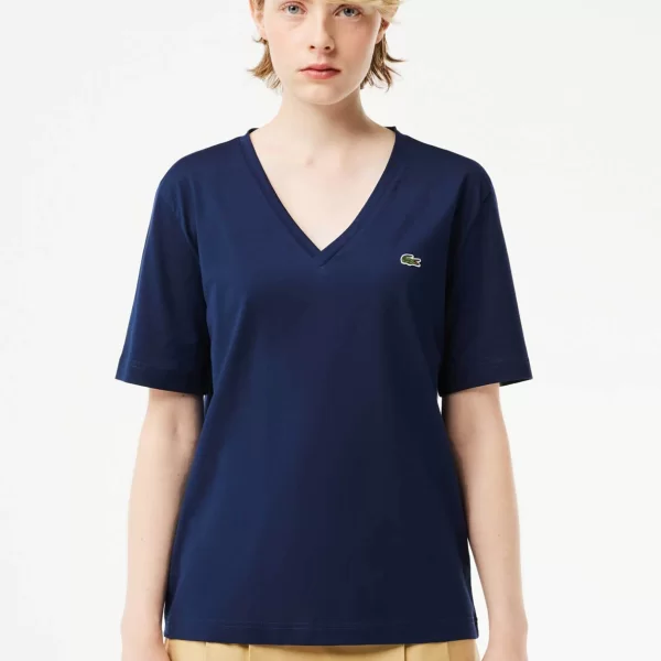 Lacoste Lacoste γυναικείο T-shirt με κεντημένο λογότυπο και V λαιμόκοψη Relaxed Fit - TF7300 Μπλε Σκούρο