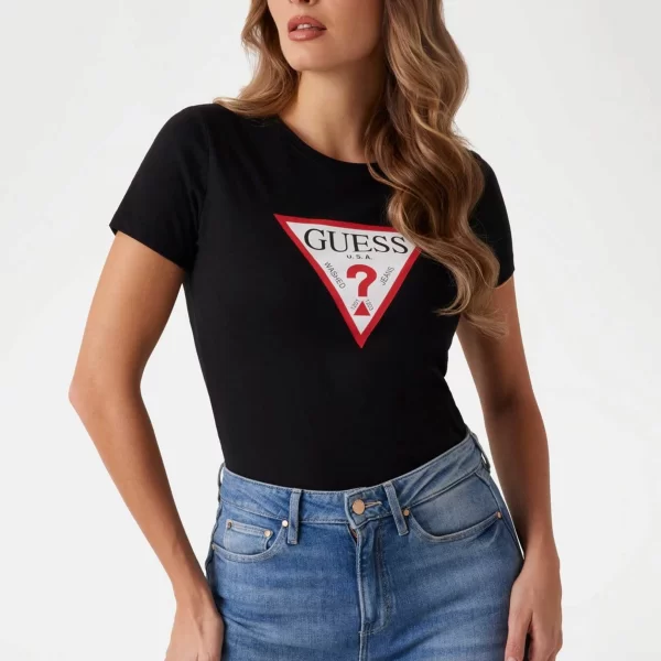 Guess γυναικείο βαμβακερό T-shirt με τριγωνικό λογότυπο μπροστά - W1YI1BI3Z14 Μαύρο