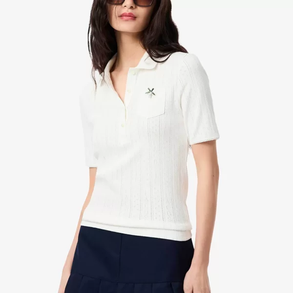 Lacoste γυναικεία πλεκτή μπλούζα πόλο με διάτρητο κεντητό σχέδιο Slim Fit - DF5296-00 Λευκό