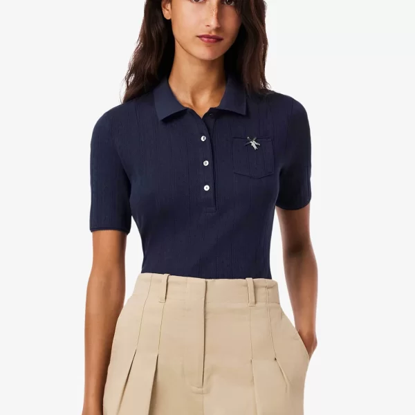 Lacoste γυναικεία πλεκτή μπλούζα πόλο με διάτρητο κεντητό σχέδιο Slim Fit - DF5296-00 Μπλε Σκούρο