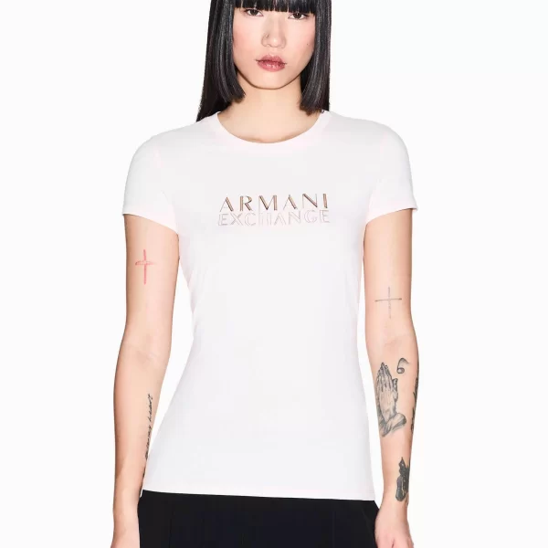 Armani Exchange γυναικείο T-shirt με μεταλλικό λογότυπο Slim Fit - XW001837AF16294 Λευκό