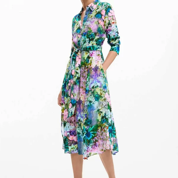 Desigual γυναικείο midi φόρεμα σεμιζιέ με ζώνη και floral print Regular Fit 