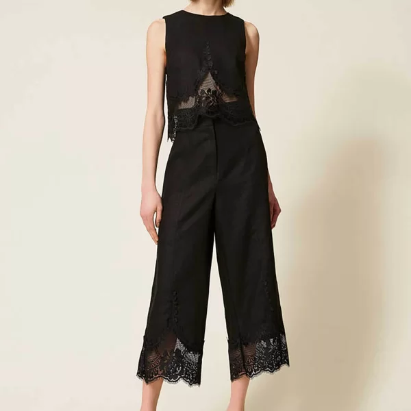 Twinset γυναικείο παντελόνι λινό με δαντέλα - 261TT2184 Μαύρο