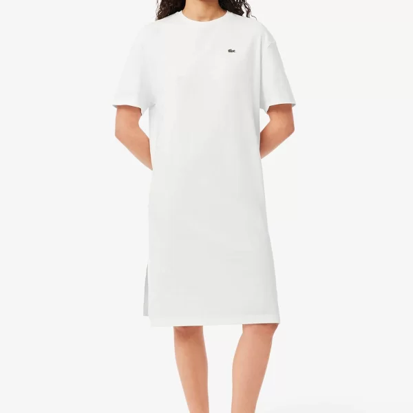 Lacoste γυναικείο midi φόρεμα με κεντημένο λογότυπο Oversized Fit - EF2883 Λευκό