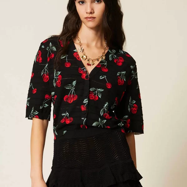 Twinset γυναικεία πλεκτή ζακέτα με cherry print - 261TT3270 Μαύρο