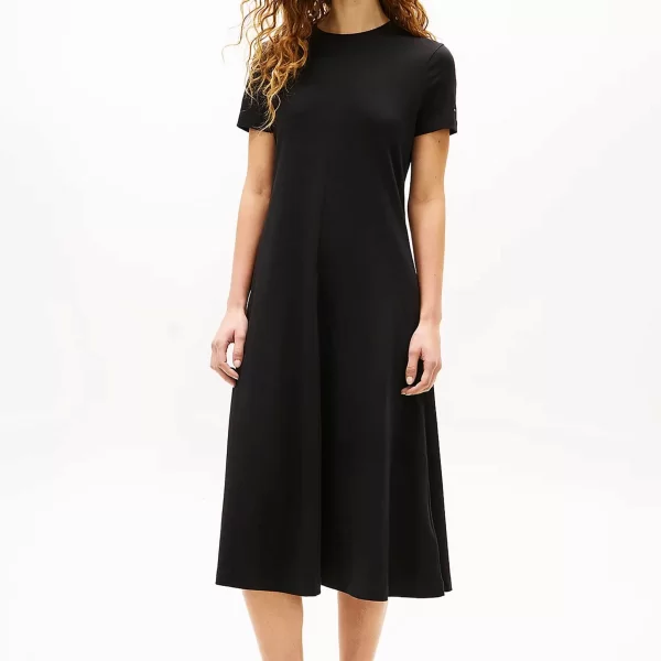 Tommy Hilfiger γυναικείο midi φόρεμα μονόχρωμο με κεντημένο λογότυπο στο μανίκι Fit & Flare - WW0WW50825 Μαύρο