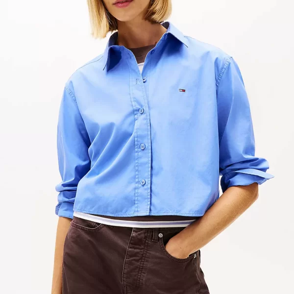 Tommy Jeans γυναικείο πουκάμισο cropped με λογότυπο Relaxed Fit - DW0DW22078 Μπλε Ανοιχτό