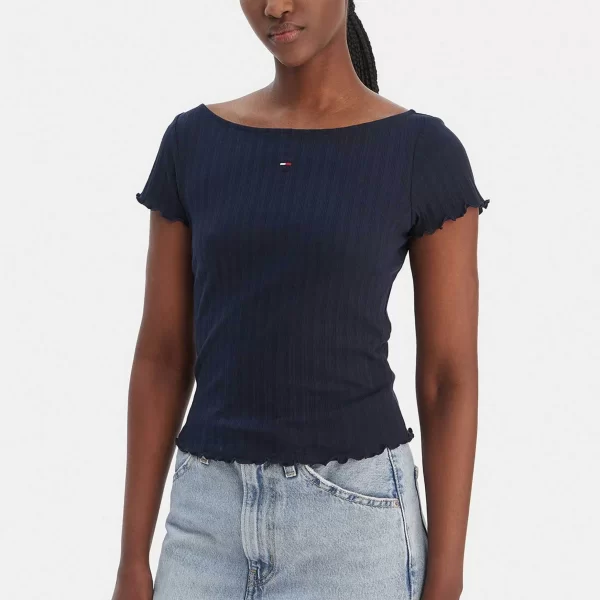 Tommy Jeans γυναικεία μπλούζα ribbed με λογότυπο Slim Fit - DW0DW22460 Μπλε Σκούρο