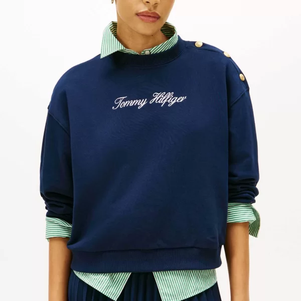 Tommy Hilfiger γυναικεία μπλούζα φούτερ με λογότυπο και διακοσμητικά κουμπιά στον ώμο Regular Fit - WW0WW48783 Μπλε Σκούρο