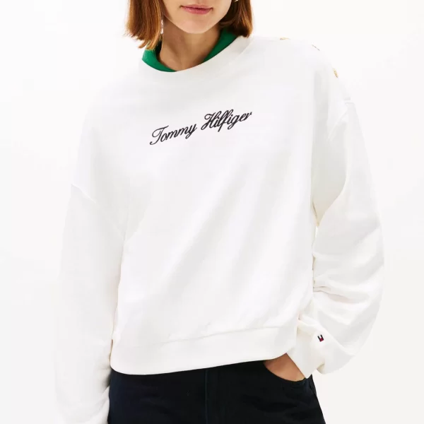 Tommy Hilfiger γυναικεία μπλούζα φούτερ με λογότυπο και διακοσμητικά κουμπιά στον ώμο Regular Fit - WW0WW48783 Εκρού