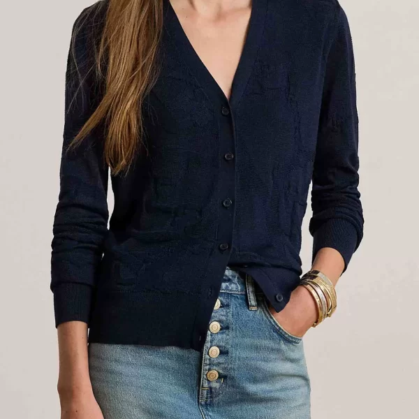 Lauren Ralph Lauren γυναικεία πλεκτή ζακέτα με ανάγλυφο σχέδιο Slim Fit - 200P03476002 Μπλε Σκούρο