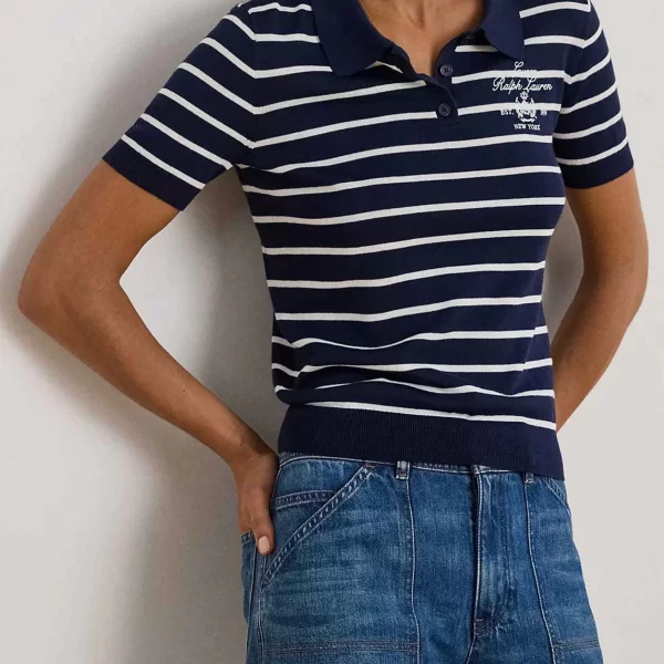 Lauren Ralph Lauren γυναικεία πλεκτή μπλούζα πόλο με ριγέ σχέδιο και κεντημένο λογότυπο Slim Fit - 200P03506002 Μπλε Σκούρο