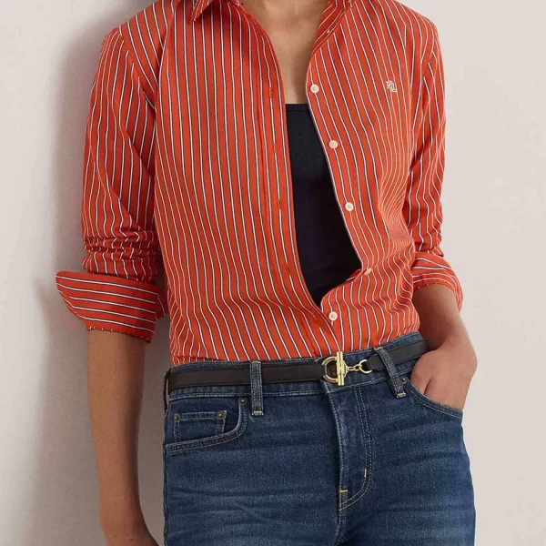 Lauren Ralph Lauren γυναικείο πουκάμισο με ριγέ σχέδιο και κεντημένο monogram Classic Fit - 200P03511001 Πορτοκαλί