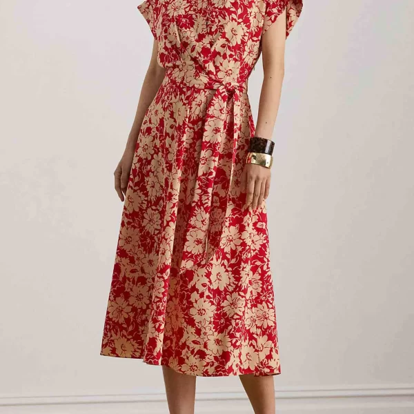 Lauren Ralph Lauren γυναικείο midi φόρεμα κρουαζέ με floral print και ζώνη A-line - 200P08692001 Κόκκινο