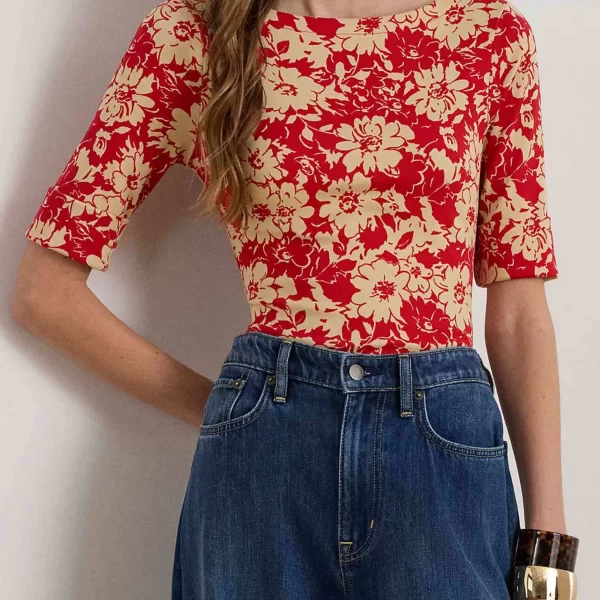 Lauren Ralph Lauren γυναικεία μπλούζα με floral print και boat λαιμόκοψη Slim Fit - 200P09078001 Κόκκινο