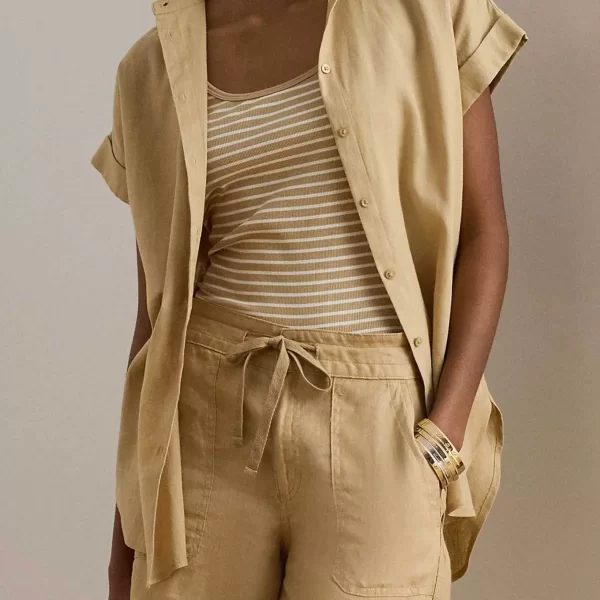 Lauren Ralph Lauren γυναικείο λινό πουκάμισο με κοντό μανίκι Relaxed Fit - 200699152052 Μπεζ