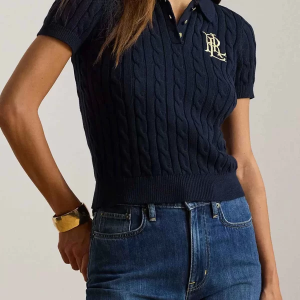 Lauren Ralph Lauren γυναικεία πλεκτή μπλούζα πόλο με cable knit pattern και κεντημένο monogram Slim Fit - 200932224002 Μπλε Σκούρο