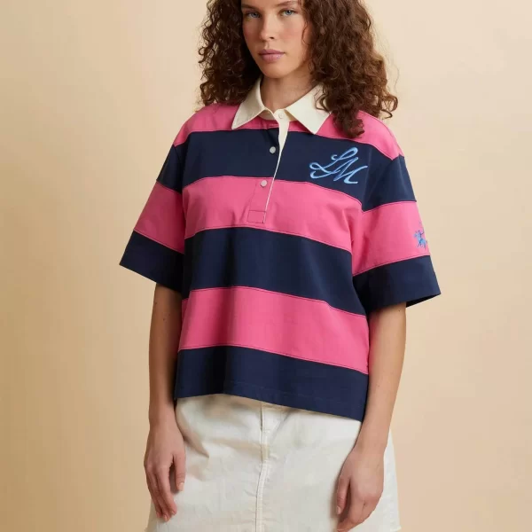 La Martina γυναικεία μπλούζα πόλο με ριγέ σχέδιο και κεντημένο monogram Boxy Cropped Fit 