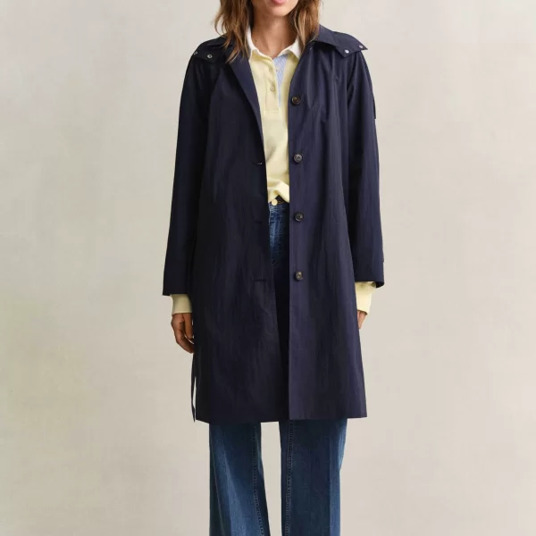 GANT Gant γυναικείο αντιανεμικό παλτό με κουκούλα και ζώνη Regular Fit - 4751167 Μπλε Σκούρο