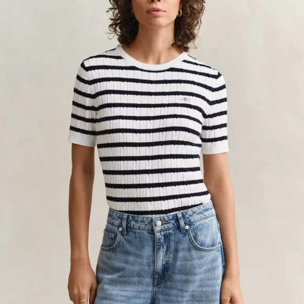 Gant γυναικεία πλεκτή μπλούζα με ριγέ σχέδιο και cable knit pattern Slim Fit - 4800109 Λευκό