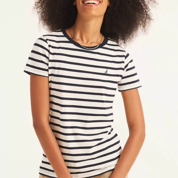 Nautica γυναικείο T-shirt με ριγέ σχέδιο και κεντημένο λογότυπο Classic Fit - 37V010 Λευκό