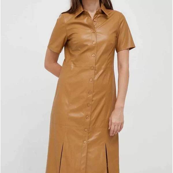 DKNY γυναικείο midi φόρεμα faux leather μονόχρωμο με ανοίγματα μπροστά - DD3D4101 Καμηλό