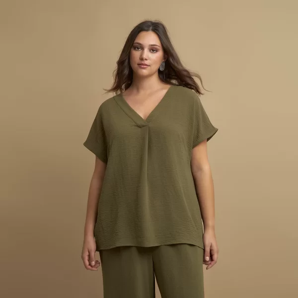 MAT FASHION Μπλούζα κρεπ airwashed με V-λαιμόκοψη και πιέτα μπροστά