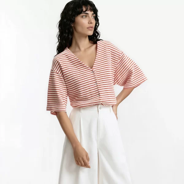 La Redoute Collections Ριγέ μπλουζάκι με κουμπιά και V λαιμόκοψη