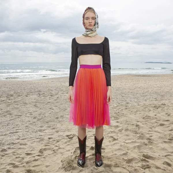 Joanna Misseli Τουλίνη Φούστα Φούξια Πλισέ με Πορτοκαλί Φόδρα