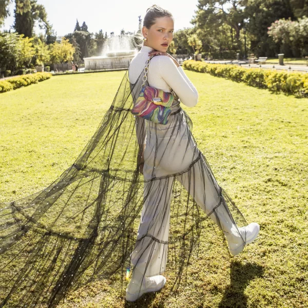 Joanna Misseli Τουλίνη Φούστα Μαύρο Τούλινο Μάξι Φόρεμα με Λευκές Μικρές Πέρλες