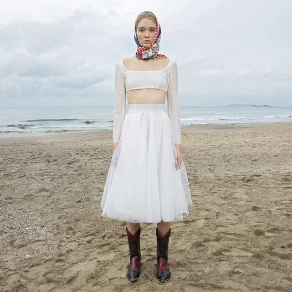 Joanna Misseli Τουλίνη Φούστα Μίντι Λευκό με Στρας