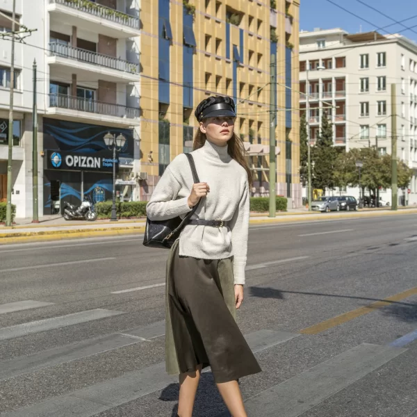 Joanna Misseli Τουλίνη Φούστα Λαδί Μίντι Δερματίνη Σουέτ Φούστα