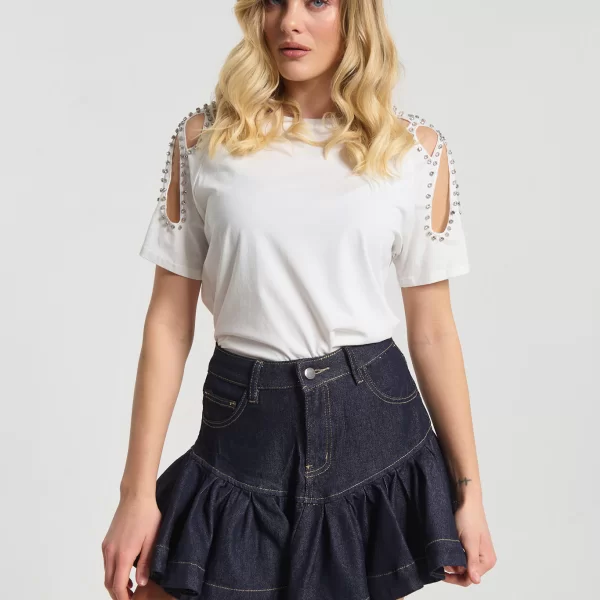  T-shirt Με Cut-Out Με Στρας Στους Ώμους