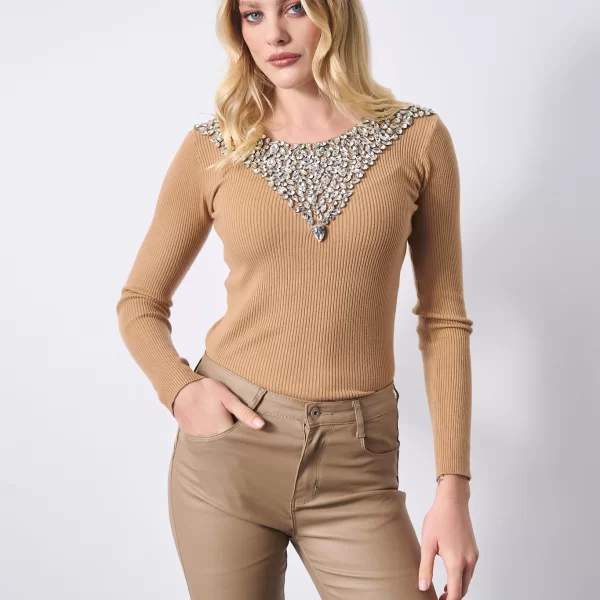  Μπλουζά Rib Με Στρας & V Λαιμόκοψη