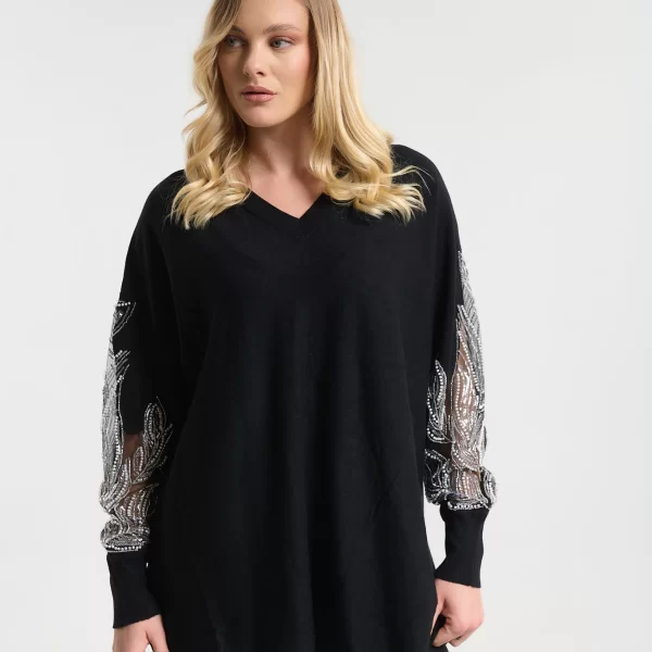  Μπλούζα Με Πέρλες Στα Μανίκια & V Λαιμόκοψη