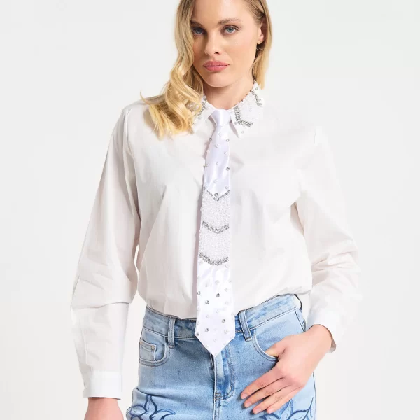  Πουκάμισο Με Διακοσμητική Γραβάτα & Πέρλες