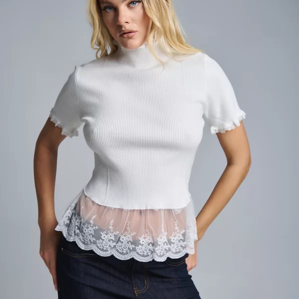  Μπλούζα Πλεκτή Με Δαντέλα Στο Τελείωμα & Μανίκι