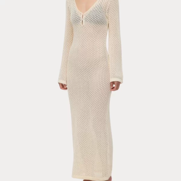 Vero Moda ΦΟΡΕΜΑ VERO MODA AWEMMA LS V-NECK ANKLE CROCHET DRESS BIRCH VERO MODA