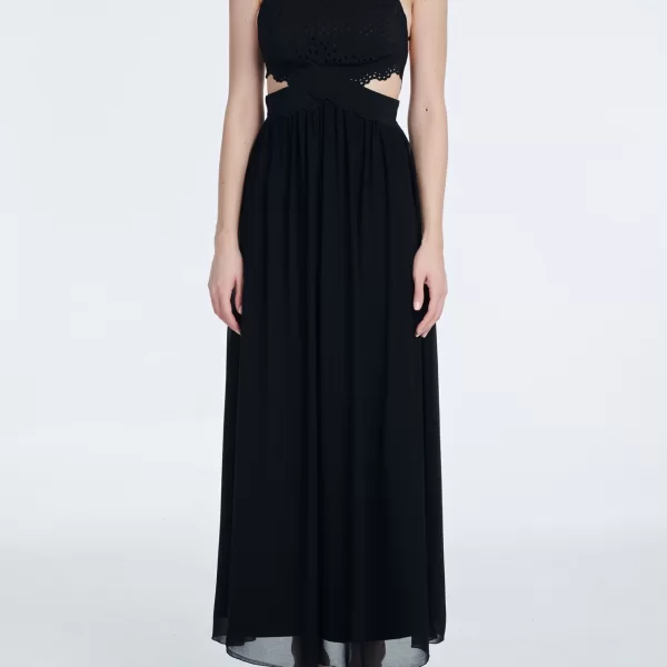 Cutcuutur Maxi Dress with Chiffon Skirt in Black