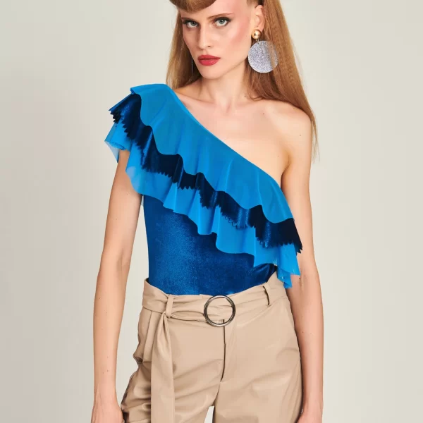Bodysuit With Ruffle Trimming In Blue