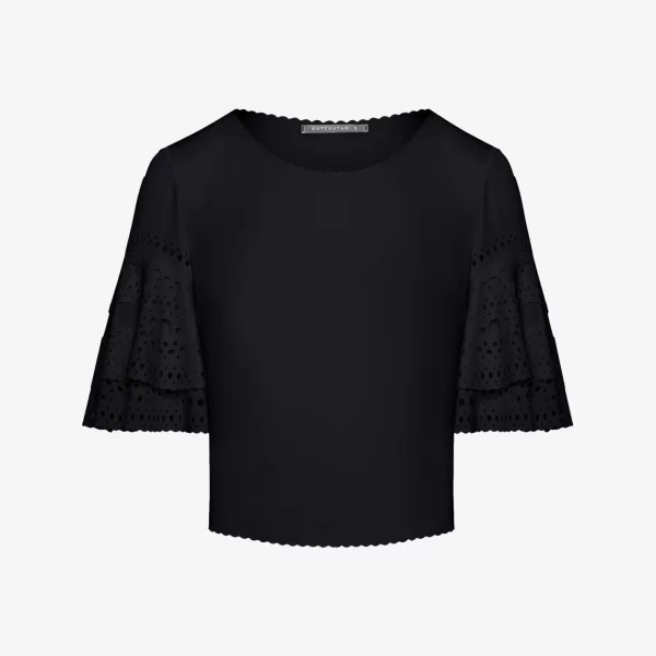 Cropped T-Shirt with Ruffled Sleeves in Black