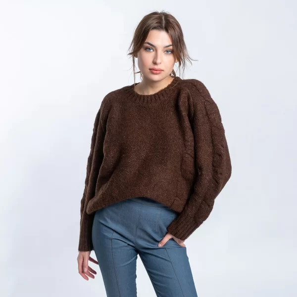 Prince Oliver Γυναικεία Πλεκτή Μπλούζα Round Neck Καφέ