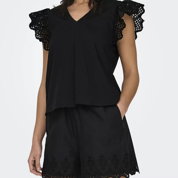 Only ONLY ONLLOU LIFE EMB S/S FRILL TOP WVN 15313171-BLACK Black