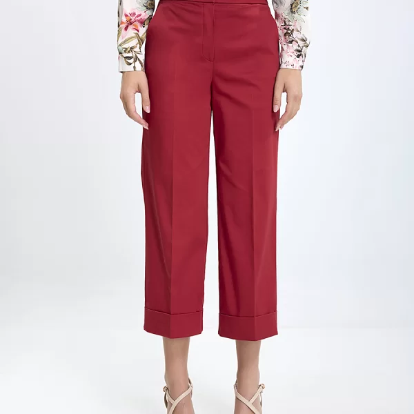 Laura Donini Γυναικείο Παντελόνι Straight Fit Βαμβακερό Με Ρεβέρ Κόκκινο