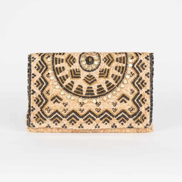 Mina Roo Τσάντα Χειρός Clutch Από Γιούτα Με Κεντήματα Σε Μαύρο Και Χρυσό