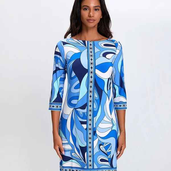 Stella Lorand Γυναικείο Κοντό Φόρεμα με Γεωμετρικό Print και Μανίκι 3/4 Straight Fit σε Μπλε