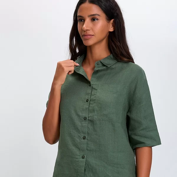 Γυναικείο Πουκάμισο Λινό με Κοντό Μανίκι Regular Fit σε Πράσινο