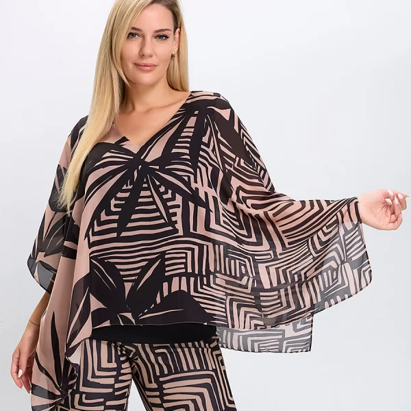 Donna Vita Γυναικεία Μπλούζα Poncho με Γραμμικό Print σε Nude Τόνους