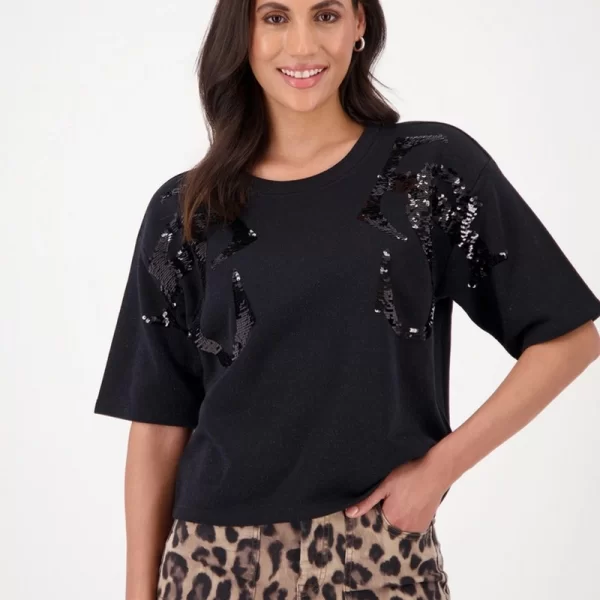 Monari Monari Γυναικείο T-Shirt με Lurex και Παγιέτες σε Μαύρο