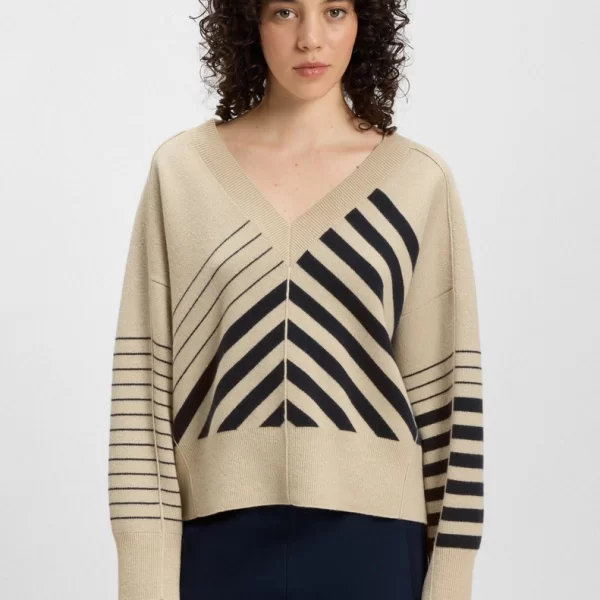 Boss Boss Γυναικείο Πουλόβερ από Μαλλί και Κασμίρι με Block Stripes Regular Fit